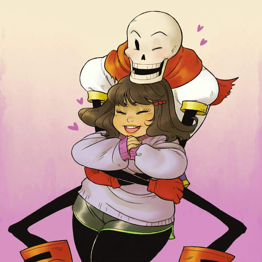 1boy, 1girl, 2d, armor, artist_request, boots, brown_hair, cape, digital_media, duo, fat, female, frisk_(undertale), gradient_background, heart, height_difference, hug, hug_from_behind, human, humanoid, legs_apart, male, male_only, monster, monster_boy, open_mouth, papyrus_(undertale), red_boots, red_cape, short_hair, simple_background, skeleton, smile, squatting, teeth, undead, undertale, white_armor