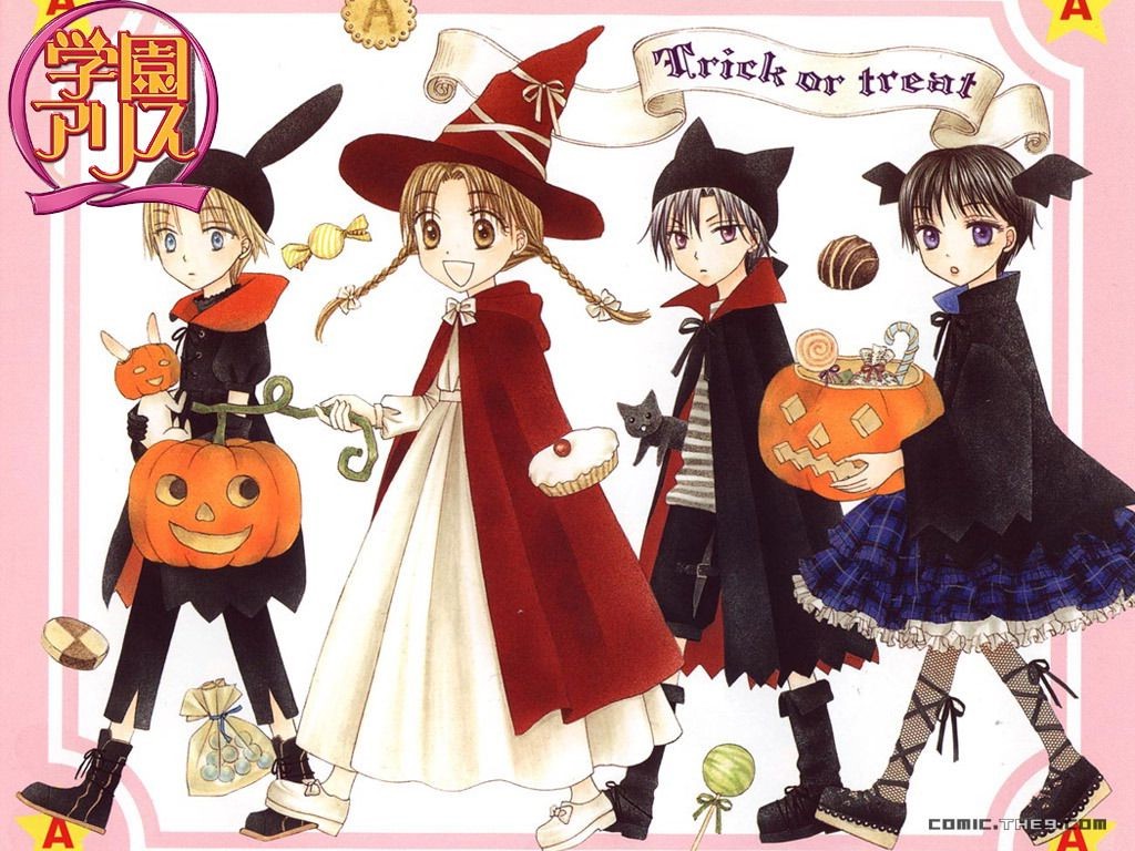 halloween, hyuuga_natsume, imai_hotaru, jack-o'-lantern, jack-o-lantern, jpeg_artifacts, nogi_ruka, pumpkin, sakura_mikan, sakura_mikan_(gakuen_alice), walking, wallpaper