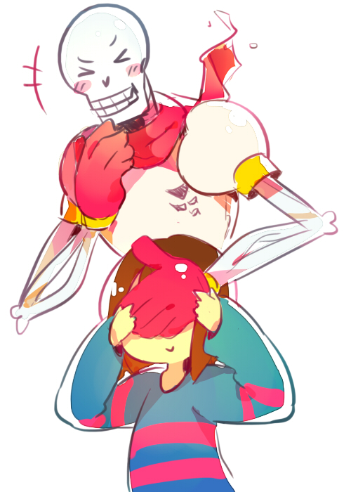 >_<, +++, 1boy, 1other, 2015, 2d, ambiguous_gender, armor, behind_another, blue_shirt, brown_hair, cape, closed_eyes, covering_another's_eyes, digital_media, duo, frisk_(undertale), gloves, human, humanoid, laughing, male, monster, monster_boy, papyrus_(undertale), pink_stripes, red_cape, red_gloves, short_hair, simple_background, skeleton, striped_clothes, striped_shirt, striped_sleeves, teeth, tsukimei99, undead, undertale, utdr_(toby_fox), white_armor, white_background
