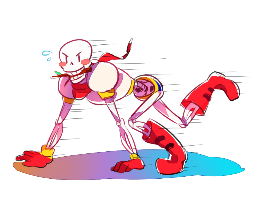 1boy, 2015, 2d, all_fours, armor, blue_shorts, blush_stickers, boots, cape, colored_shadow, digital_media, flying_sweatdrops, foot_up, full_body, gloves, humanoid, male, male_focus, male_only, monster, monster_boy, motion_lines, object_in_mouth, papyrus_(undertale), red_boots, red_cape, red_gloves, shorts, simple_background, skeleton, solo, stick, teeth, tsukimei99, undead, undertale, utdr_(toby_fox), white_armor, white_background