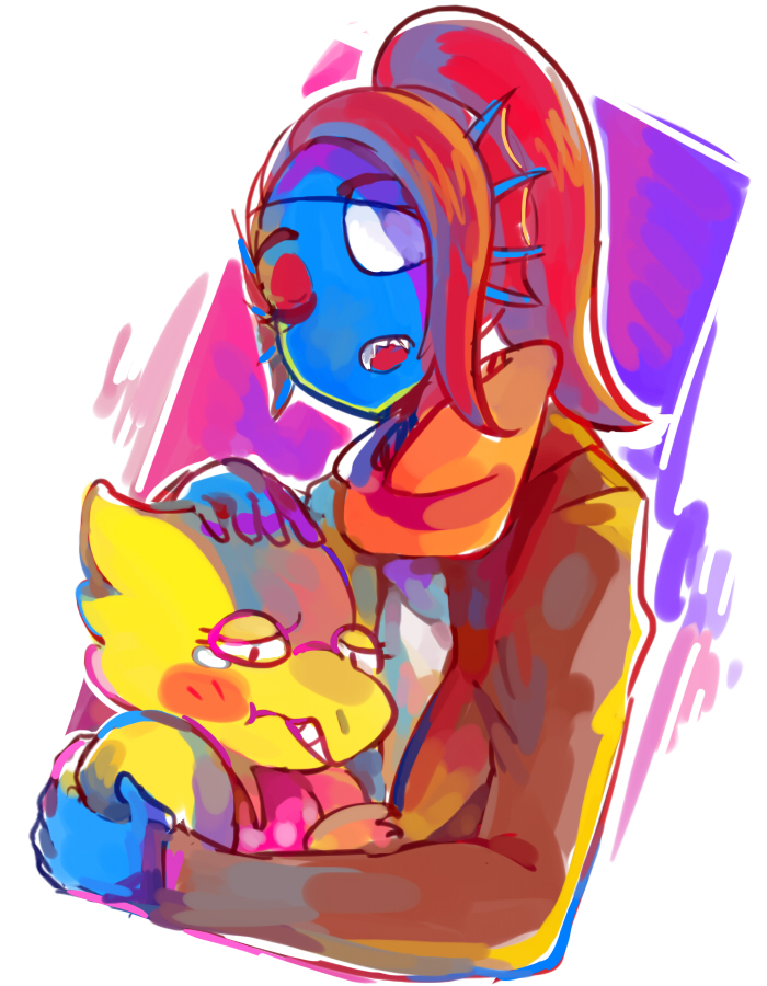 2015, 2d, 2girls, alphys, anthro, black_eyepatch, black_jacket, blue_skin