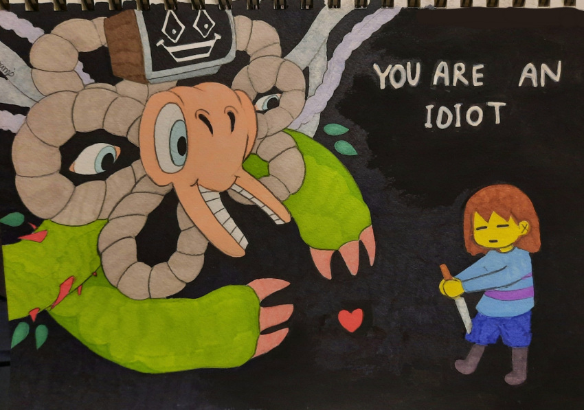 1boy, 1other, 2d, =_=, alternate_form, ambiguous_gender, artist_name, black_background