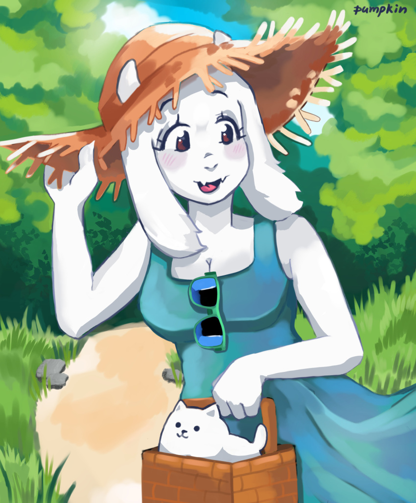 1girl, 2024, 2d, alternate_costume, animal, annoying_dog, anthro, aqua_dress, artist_name, basket, digital_media, dog, dress, female, floppy_ears, fur, furry, furry_female, goat, goat_ears, goat_girl, goat_horns, hat, highres, horns, in_basket, mammal, monster, monster_girl, outdoors, pumpkinpie6660, sleeveless, sleeveless_dress, summer, sunglasses, toriel, undertale, upper_body, white_fur, white_horns