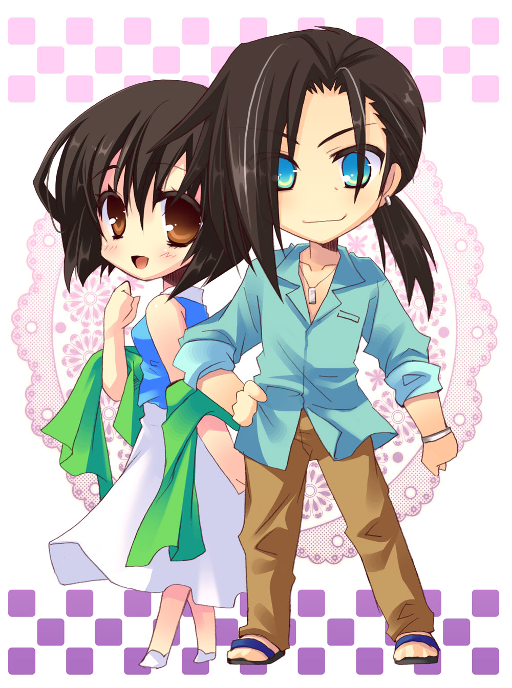 brown_eyes, brown_hair, chibi, ellone, ellone_loire, final_fantasy, final_fantasy_viii, highres, izumi_makoto, laguna_loire, open_mouth, ponytail, short_hair