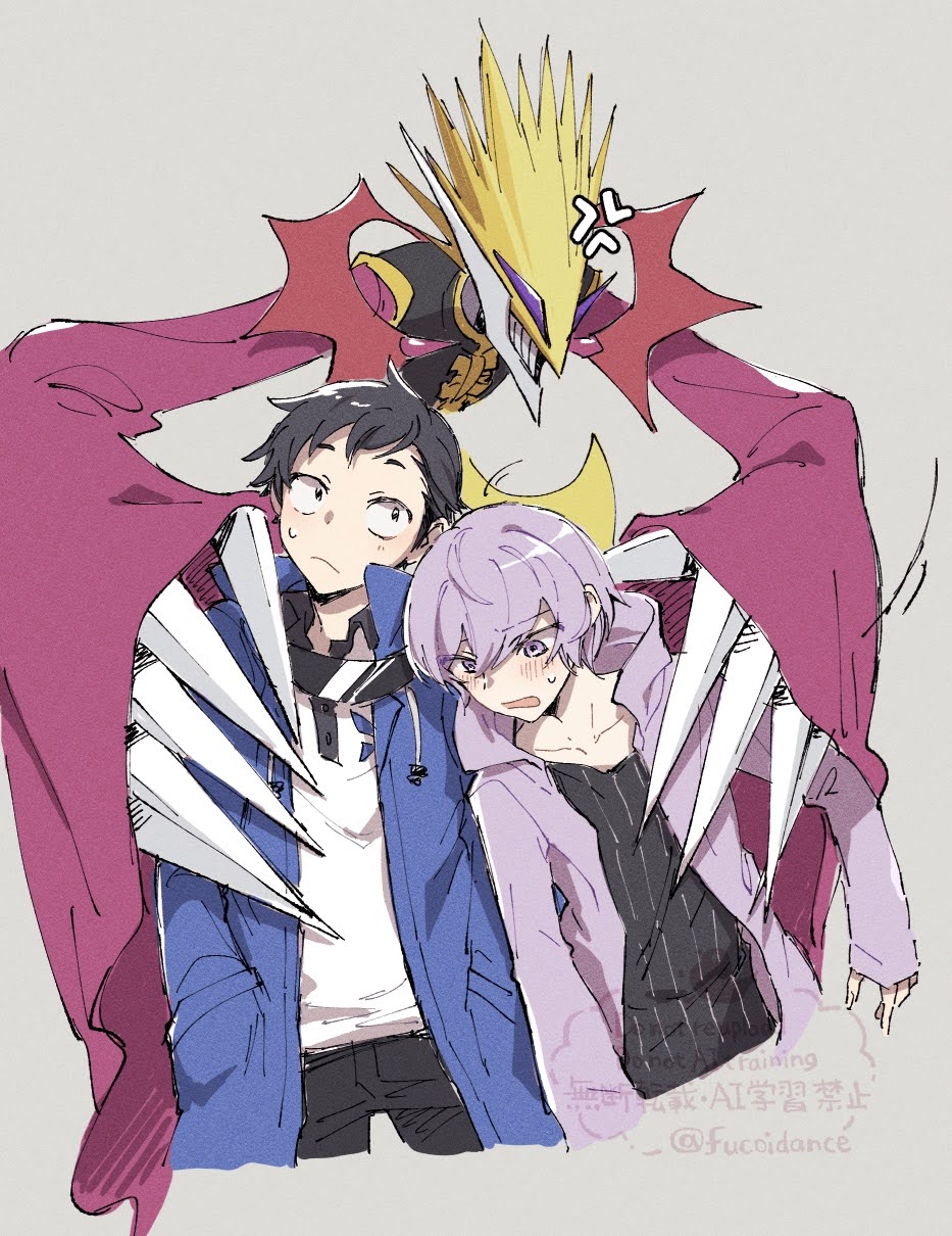 2boys, amasawa_keisuke, black_hair, black_shirt, blue_jacket, cowboy_shot, digimon_(creature), digimon_story:_cyber_sleuth_-_hacker's_memory