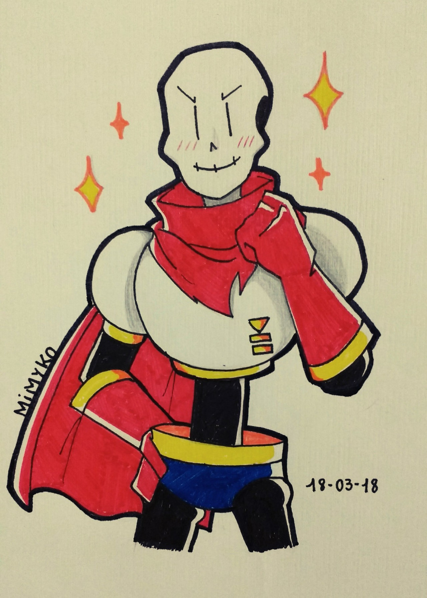 >:), 1boy, 2016, 2d, armor, artist_name, blue_shorts, cape, clenched_hand, cowboy_shot, dated, gloves, hand_on_own_hip, hand_up, highres, humanoid, male, male_focus, male_only, marker_(medium), mimyko-98_(xxmimykoxx), monster, monster_boy, papyrus_(undertale), photo_(medium), red_cape, red_gloves, shorts, skeleton, smile, solo, sparkle, teeth, traditional_media, undead, undertale, utdr_(toby_fox), white_armor, |_|