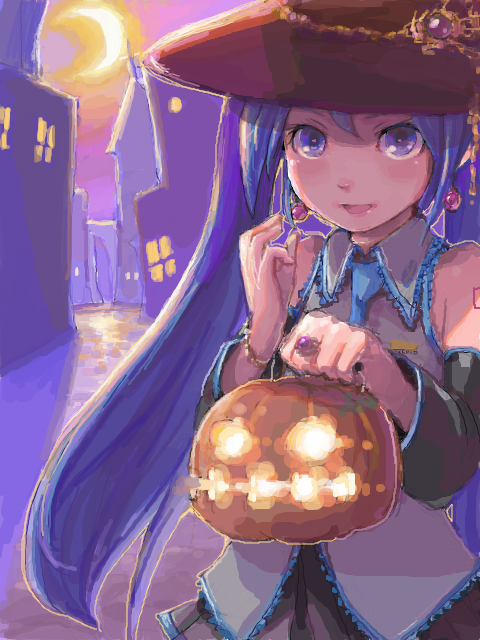blue_hair, halloween, hat, hatsune_miku, heus_(nuntarou), jack-o'-lantern, jack-o'-lantern, nuntarou