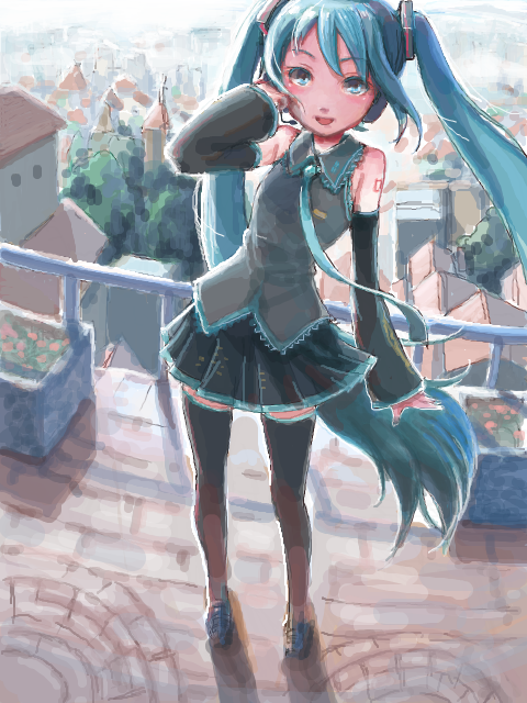 aqua_eyes, aqua_hair, detached_sleeves, hand_on_face, hatsune_miku, headphones, heus_(nuntarou), nuntarou