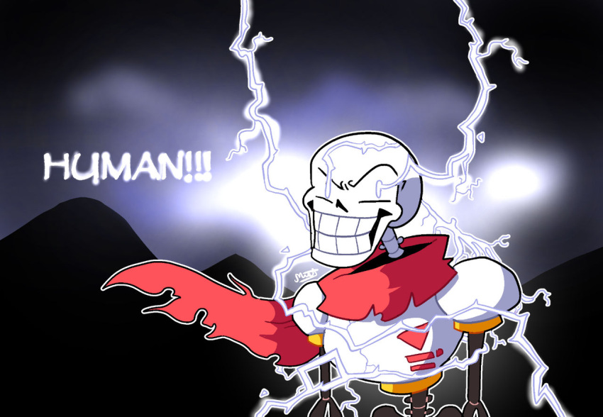 1boy, 2023, 2d, cape, digital_media, electricity, humanoid, lightning, low_tier_god, male, male_only, meme, mistdrawz, monster, monster_boy, outline, papyrus_(font), papyrus_(undertale), red_cape, skeleton, solo, teeth, undead, undertale, upper_body, white_outline, you_should_kill_yourself_now_(meme)