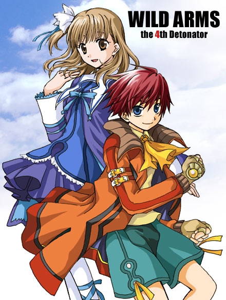 1girl, ahoge, blue_eyes, bow, brown_hair, cloud, clouds, coat, collar, dress, gloves, hair_ornament, hairpin, jude_maverick, open_mouth, pantyhose, purple_dress, red_hair, redhead, ribbon, shirt, short_hair, shorts, sky, smile, title_drop, white_legwear, white_pantyhose, wild_arms, wild_arms_4, yacchupanda, yulie_ahtreide