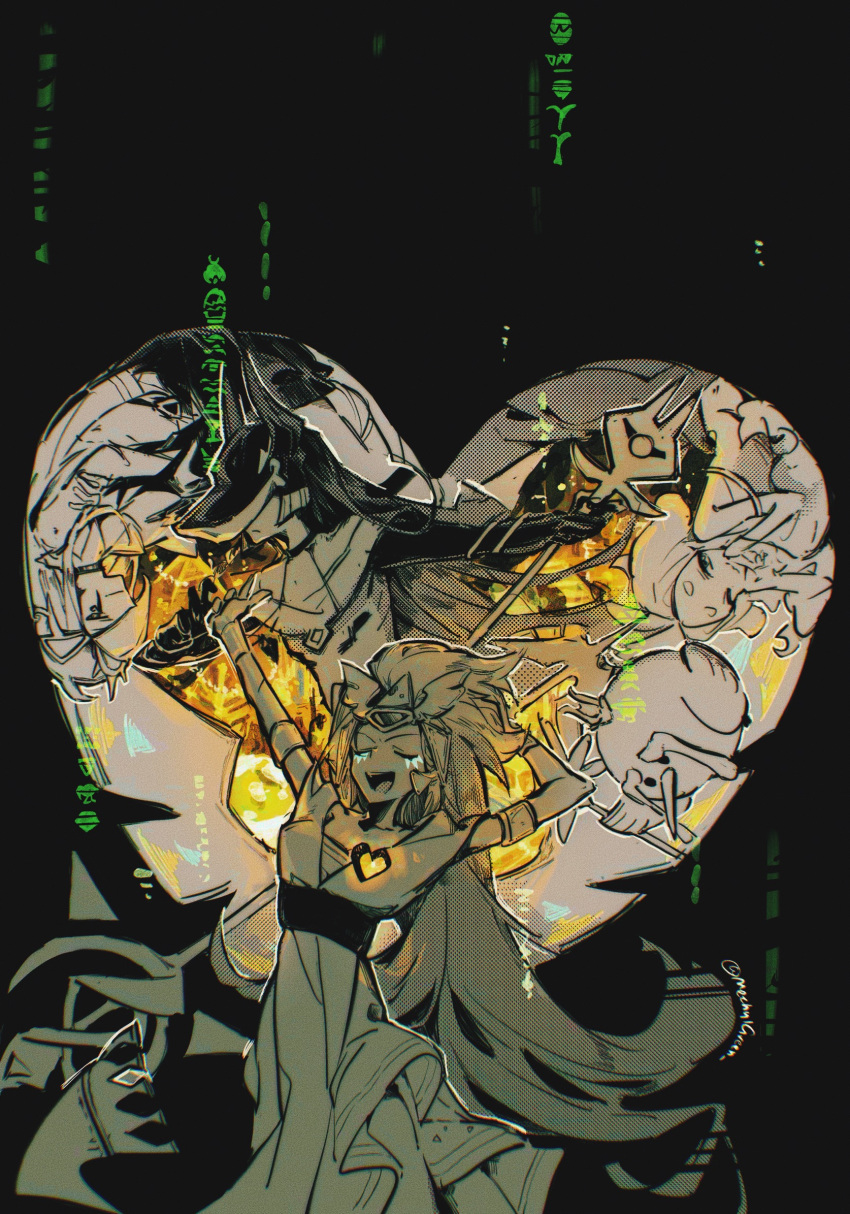 2boys, 2girls, ancient_egyptian_clothes, burnt_cheese_cookie, cookie_run, cookie_run:_kingdom, golden_cheese_cookie, heart, high-priest_cheesenbird, highres, holding, holding_polearm, holding_weapon, ikeasame, long_hair, mozzarella_cookie, multiple_boys, multiple_girls, polearm, short_hair, smoked_cheese_cookie, upside-down, very_long_hair, weapon