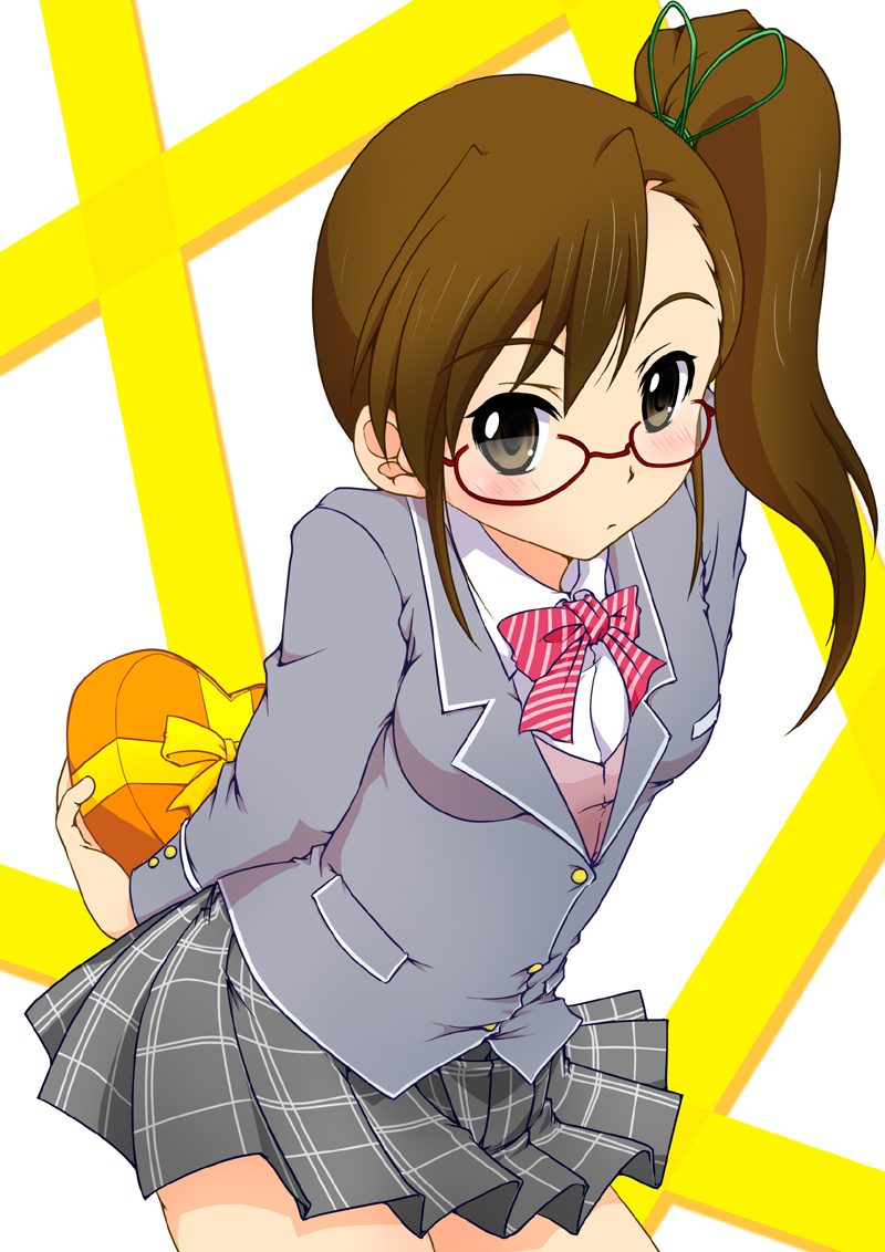 brown_eyes, brown_hair, futami_mami, gift, glasses, holding, holding_gift, idolmaster, idolmaster_2, long_hair, object_behind_back, plaid, plaid_skirt, ranshin, school_uniform, side_ponytail, skirt, tartan