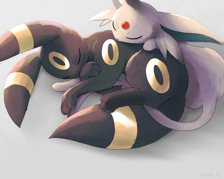 apus_92, artist_name, closed_eyes, commentary_request, espeon, forehead_jewel, highres, lying