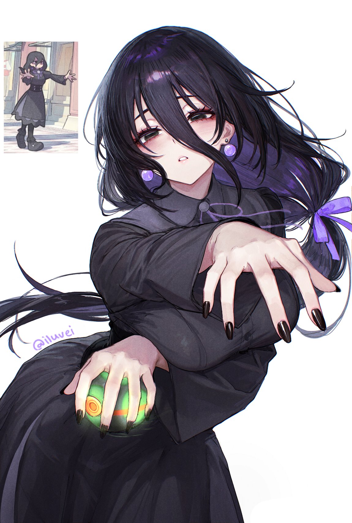 1girl, black_dress, black_eyes, black_hair, breasts, collared_dress, commentary, cowboy_shot, dress, earrings, english_commentary, hair_between_eyes, hex_maniac_(pokemon), hex_maniac_(pokemon_legends:_z-a), highres, holding, holding_poke_ball, jewelry, large_breasts, long_hair, long_hair_between_eyes, long_sleeves, looking_at_viewer, low_ponytail, master_ball, outstretched_crossed_arms, parted_lips, poke_ball, pokemon, pokemon_legends:_z-a, ponytail, reference_inset, simple_background, solo, tifa_(iluvei), very_long_hair, white_background