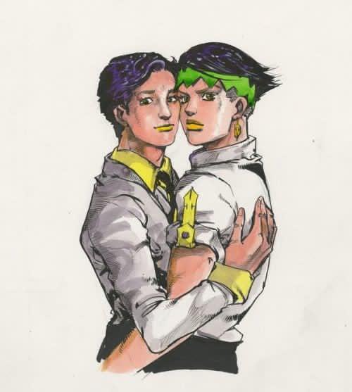 2boys, araki_hirohiko, araki_hirohiko_(person), black_hair, black_necktie, collared_shirt, diamond_wa_kudakenai, earrings