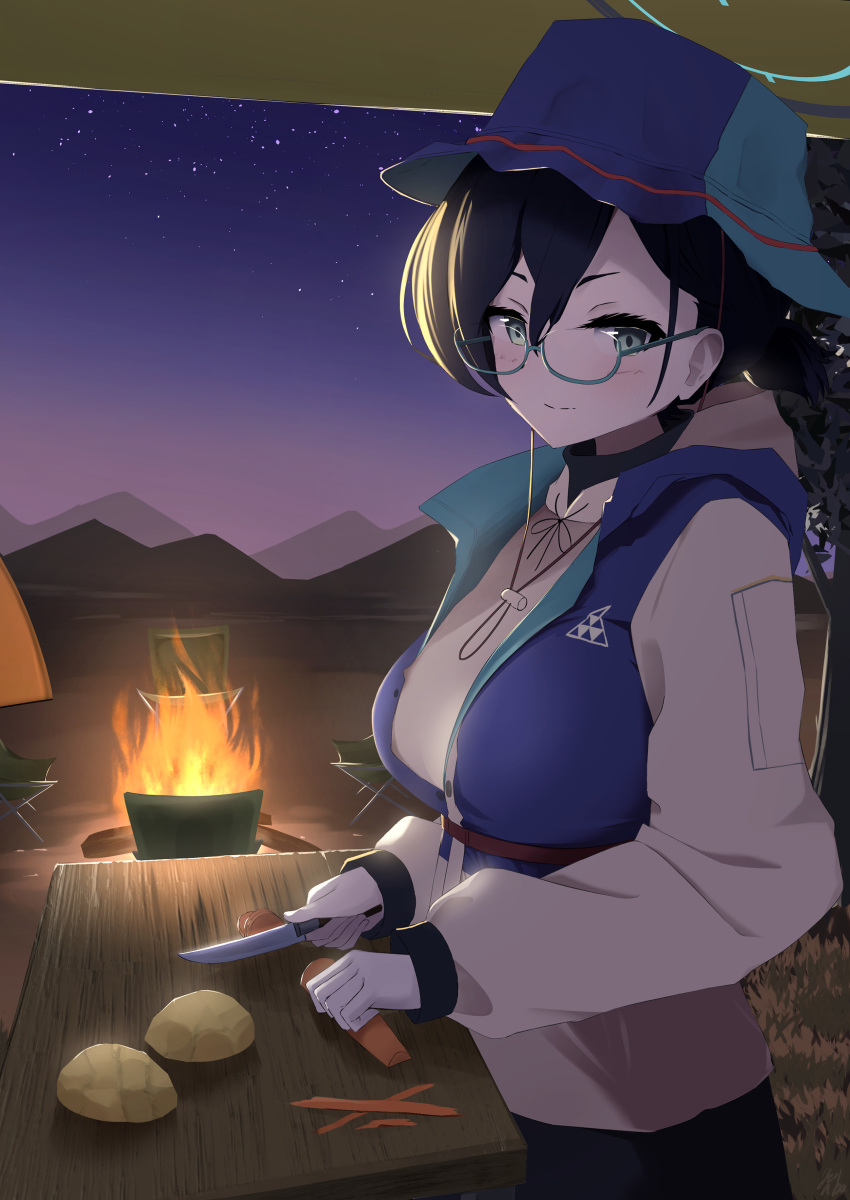 1girl, absurdres, black_hair, blue_archive, campfire, carrot, chihiro_(blue_archive), chihiro_(camp)_(blue_archive)