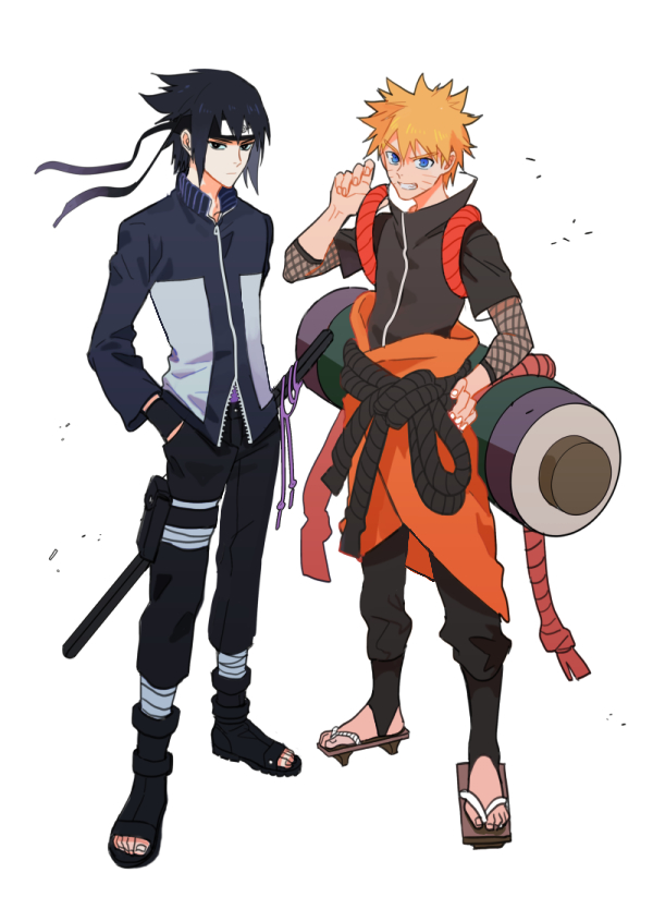 2boys, black_eyes, black_hair, black_pants, blonde_hair, blue_eyes, closed_mouth, facial_mark