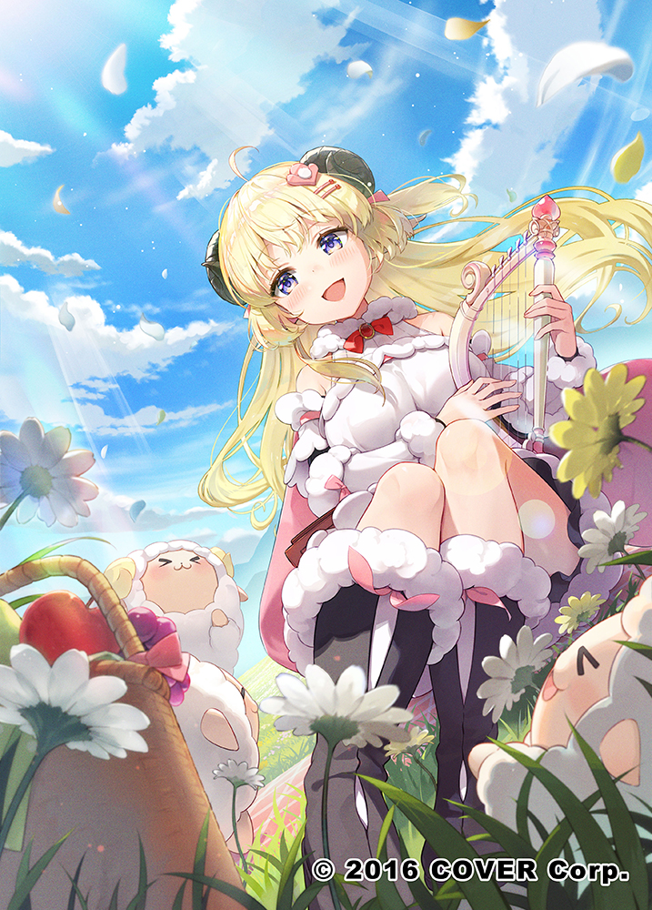 1girl, :d, ahoge, animal_ears, blonde_hair, blue_sky, bow, bowtie