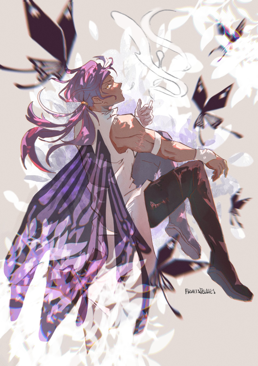 1boy, absurdres, armlet, bare_shoulders, black_butterfly, black_pants, black_stripes, boots