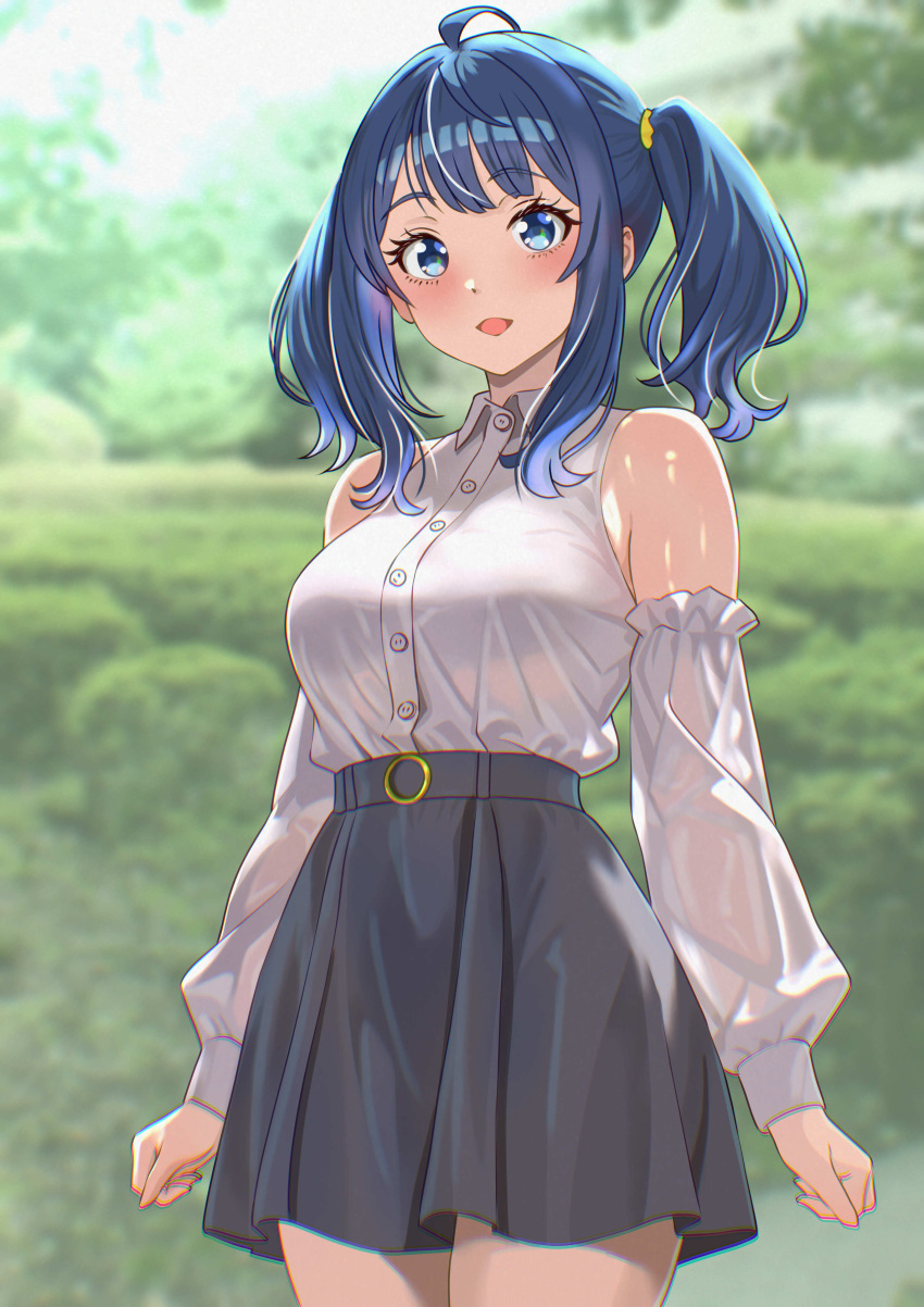 1girl, absurdres, ahoge, alternate_hairstyle, bare_shoulders, black_skirt, blue_eyes, blue_hair