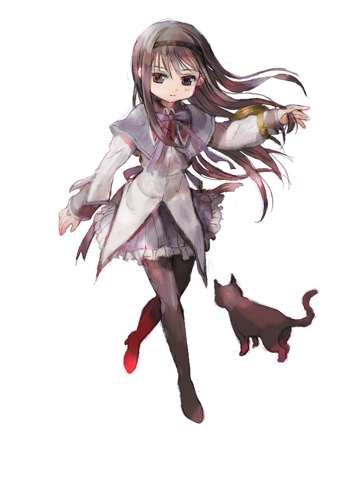 akemi_homura, ami_(mahou_shoujo_madoka_magica), amy_(madoka_magica), bad_id, black_cat, black_cat_(animal), black_hair, cat, hairband, long_hair, magical_girl, mahou_shoujo_madoka_magica, pantyhose, simple_background, solo, tomatika