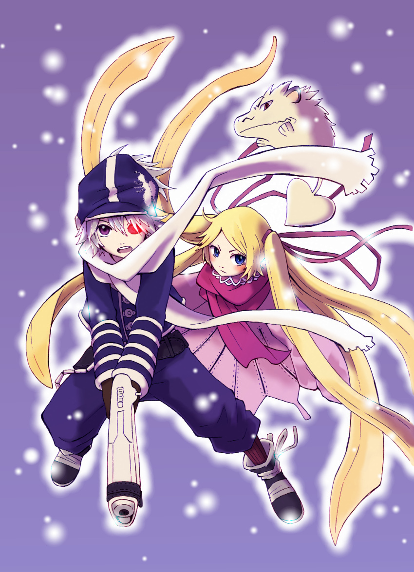 blonde_hair, gun, lag_seeing, looking_at_viewer, midair, niche_(tegami_bachi), purpleboots, serious