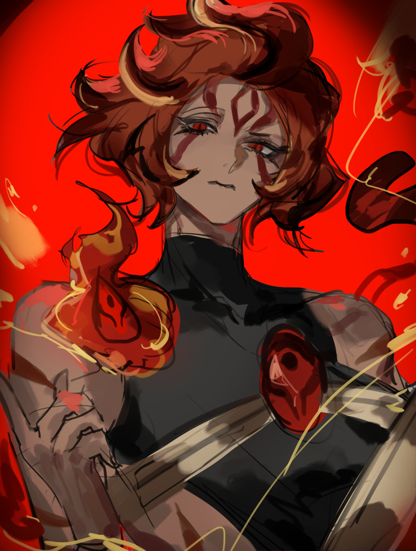 1girl, absurdres, b4ryongji, closed_mouth, cookie_run, facial_mark, fire, forehead_mark, hand_up, head_tilt, highres, looking_at_viewer, nutmeg_tiger_cookie, red_background, red_eyes, red_hair, short_hair, sleeveless, sleeveless_turtleneck, slit_pupils, solo, turtleneck
