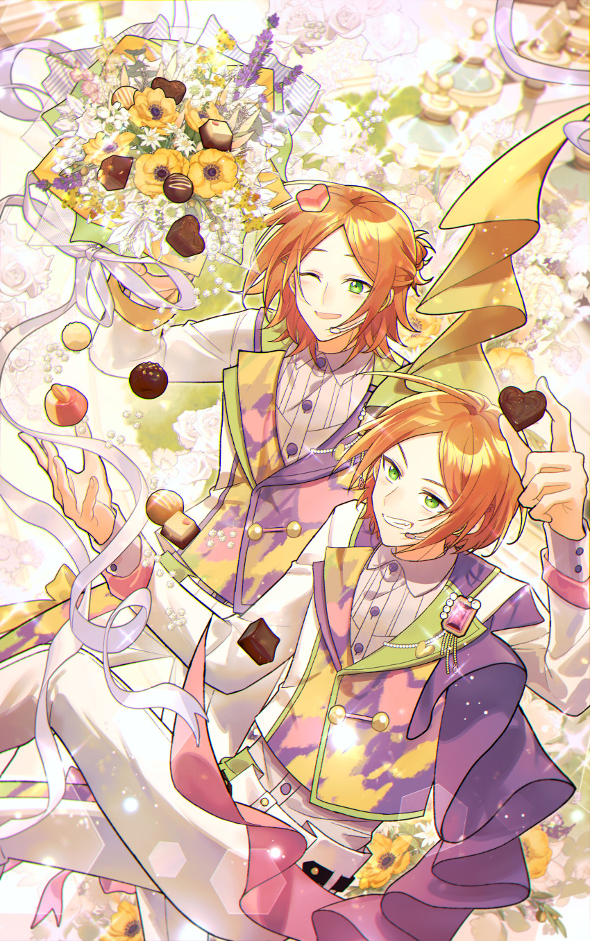 2boys, 2wink_(ensemble_stars!), ;d, absurdres, aoi_hinata, aoi_yuta, bouquet, brothers