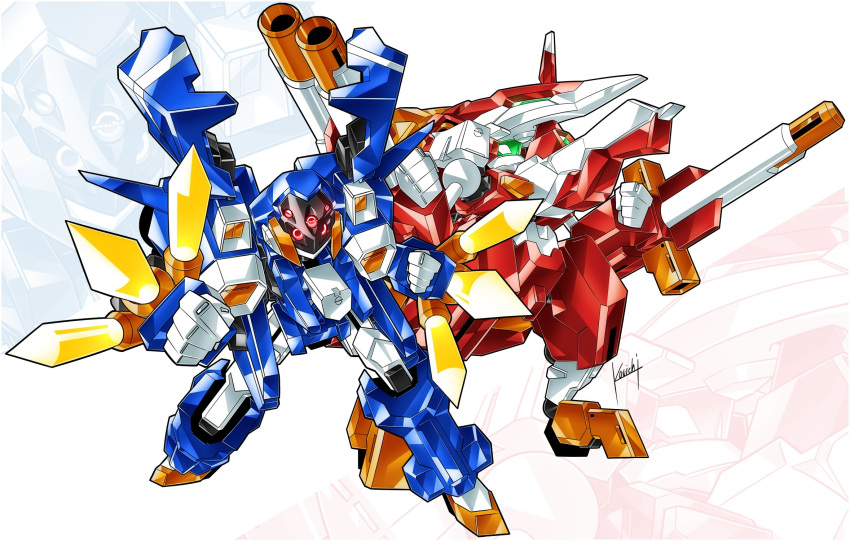 2boys, arm_blade, arm_cannon, armor, blue_armor, blue_helmet, full_body, green_eyes, helmet, highres, humanoid_robot, kaiser_arc_(medarot), kouichi_(kouichi-129), luminous_titan_(medarot), medarot, medarot_s, multiple_boys, red_armor, red_eyes, red_helmet, robot, signature, weapon, zoom_layer