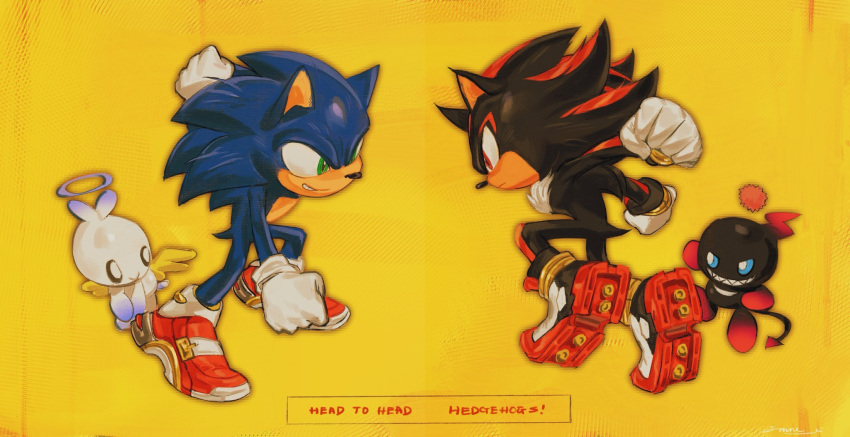 2boys, 2others, animal_ears, animal_nose, bracelet, chao_(sonic), commentary, dark_chao, english_text, eye_contact, frune_ei01, full_body, furry, furry_male, gloves, gold_bracelet, green_eyes, halo, hedgehog_boy, hero_chao, highres, jewelry, looking_at_another, male_focus, multiple_boys, multiple_others, red_shoes, shadow_the_hedgehog, shoes, simple_background, sonic_(series), sonic_adventure_2, sonic_the_hedgehog, standing, wings, yellow_background