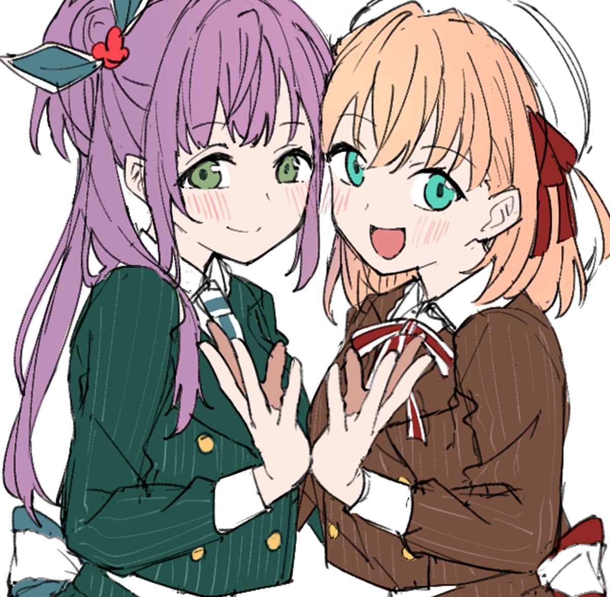 2girls, :d, aqua_eyes, beret, blush, breasts, brown_jacket, closed_mouth