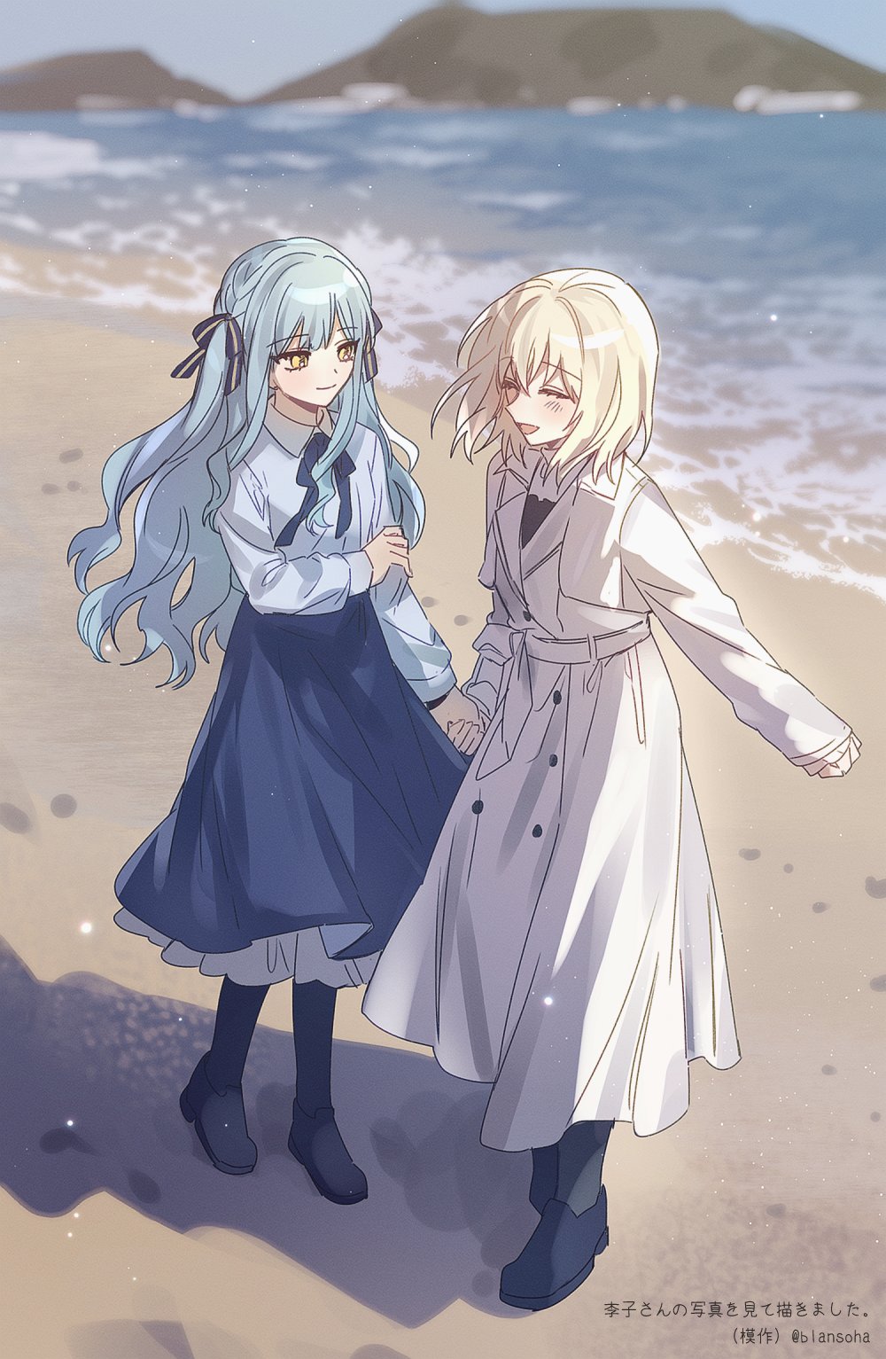 2girls, bang_dream!, bang_dream!_it's_mygo!!!!!, beach, black_pantyhose, black_shoes, blonde_hair, blue_hair
