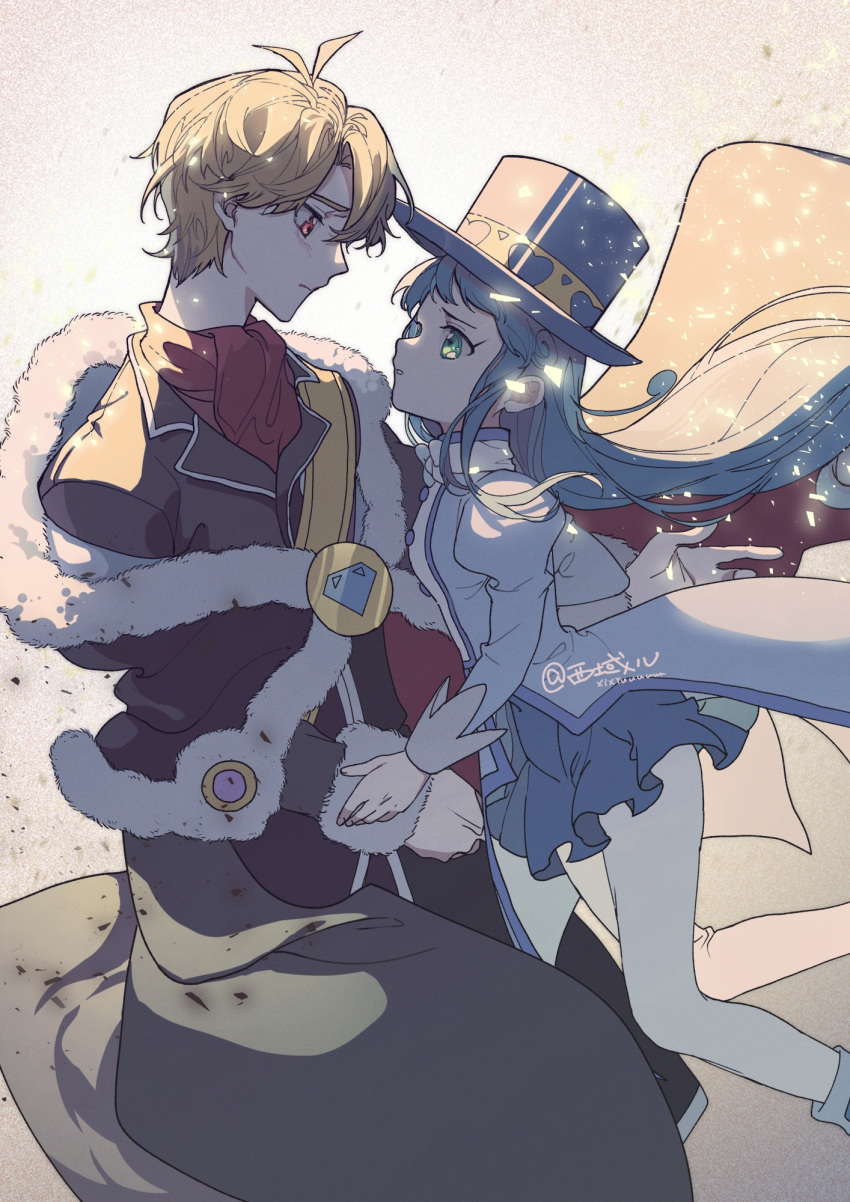 1boy, 1girl, artist_name, blonde_hair, blue_hair, blue_hat, blue_skirt, bright_(futagohime)
