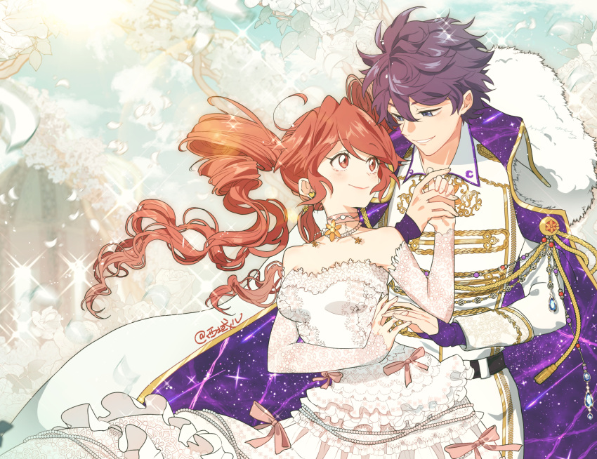 1boy, 1girl, aiguillette, artist_name, bare_shoulders, belt, breasts, bridal_gauntlets, cape, choker, closed_mouth, couple, detached_sleeves, dress, drill_hair, earrings, fine_(futagohime), floating_hair, flower, frills, fur_trim, fushigiboshi_no_futago_hime, gem, gloves, hetero, highres, holding_hands, interlocked_fingers, jacket, jewelry, long_hair, long_sleeves, looking_at_another, necklace, off-shoulder_dress, off_shoulder, pants, petals, purple_hair, red_eyes, red_hair, ring, rose, shade_(futagohime), short_hair, smile, sparkle, strapless, strapless_dress, twin_drills, twintails, violet_eyes, white_dress, white_flower, white_rose, xi_yuu
