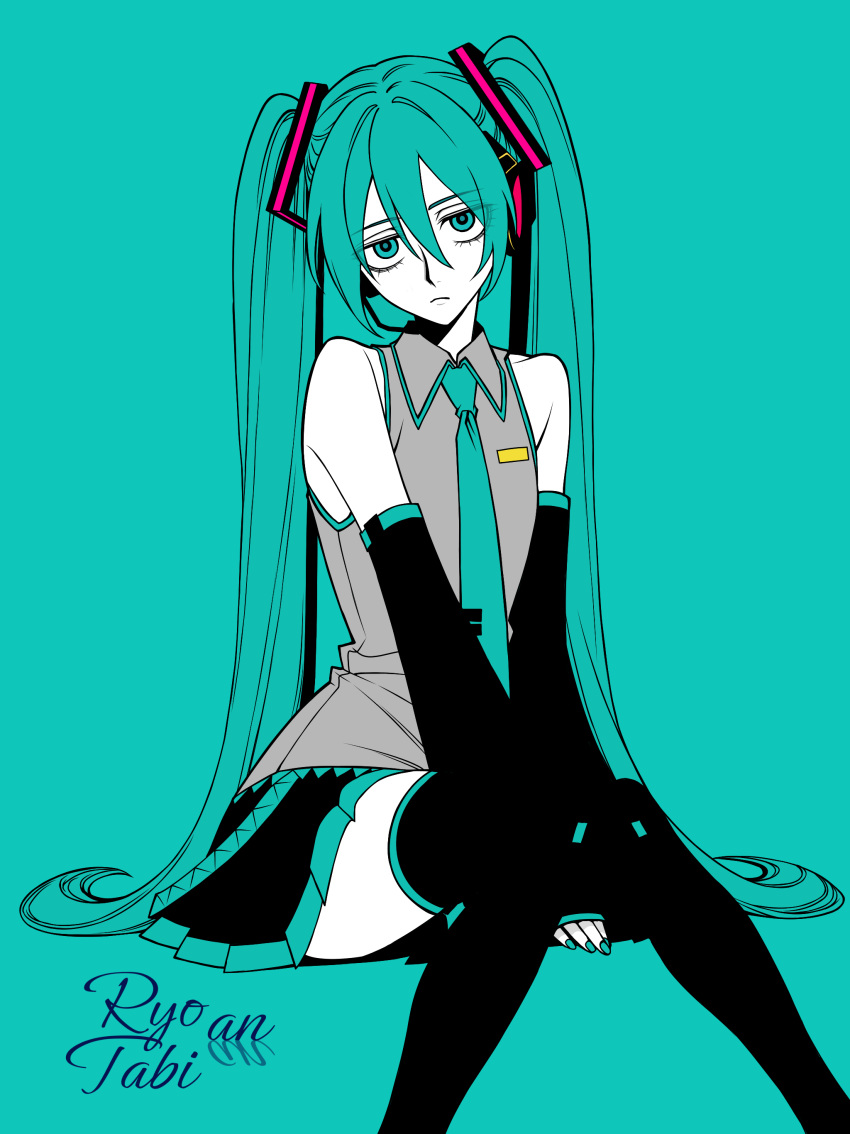 1girl, absurdres, bare_shoulders, black_thighhighs, detached_sleeves, green_background, green_eyes, green_hair, grey_shirt, hatsune_miku, highres, long_hair, looking_at_viewer, necktie, pleated_skirt, shirt, sitting, skirt, thigh-highs, twintails, very_long_hair, vocaloid, voyagehermitage