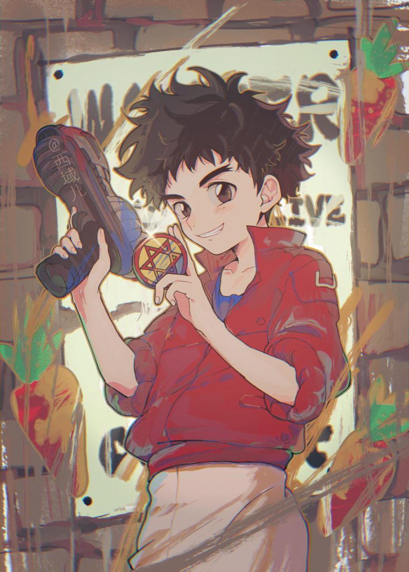 1boy, blush, brown_eyes, brown_hair, cowboy_shot, food, graffiti, grin