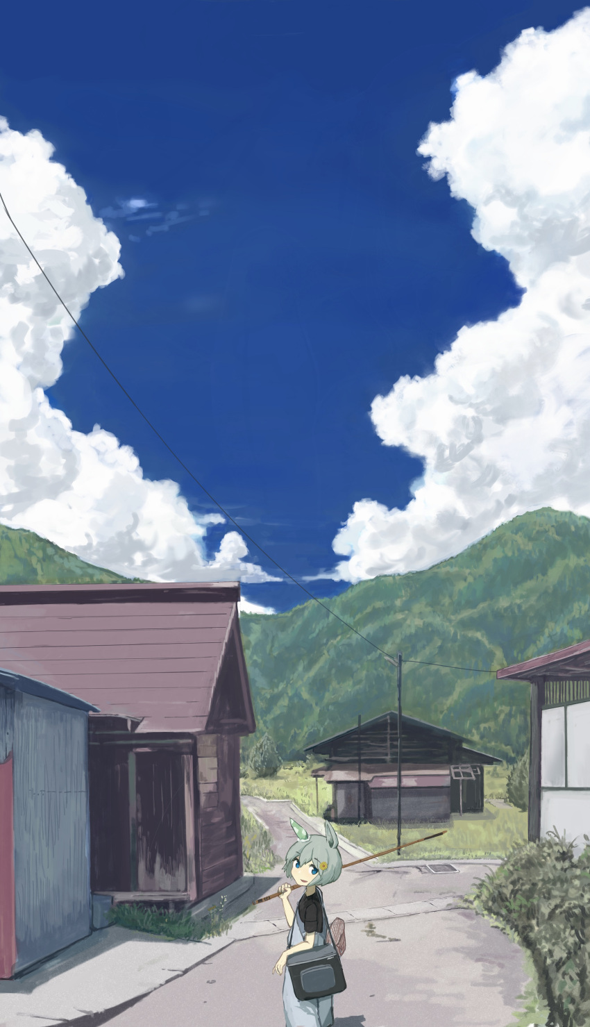 1girl, absurdres, bag, blue_eyes, blue_sky, bob_cut, bouhuman, building
