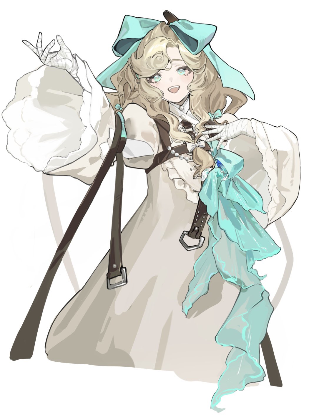 1girl, :d, aqua_bow, arm_belt, bandaged_hand, bandages, belt, blonde_hair, bow, brown_belt, cropped_torso, dress, hair_bow, hand_on_own_chest, hands_up, highres, long_dress, long_hair, looking_up, lorelei_(reverse:1999), open_mouth, outstretched_arm, reverse:1999, sho_2nini, smile, solo, teeth, upper_body, upper_teeth_only, white_dress, wide_sleeves