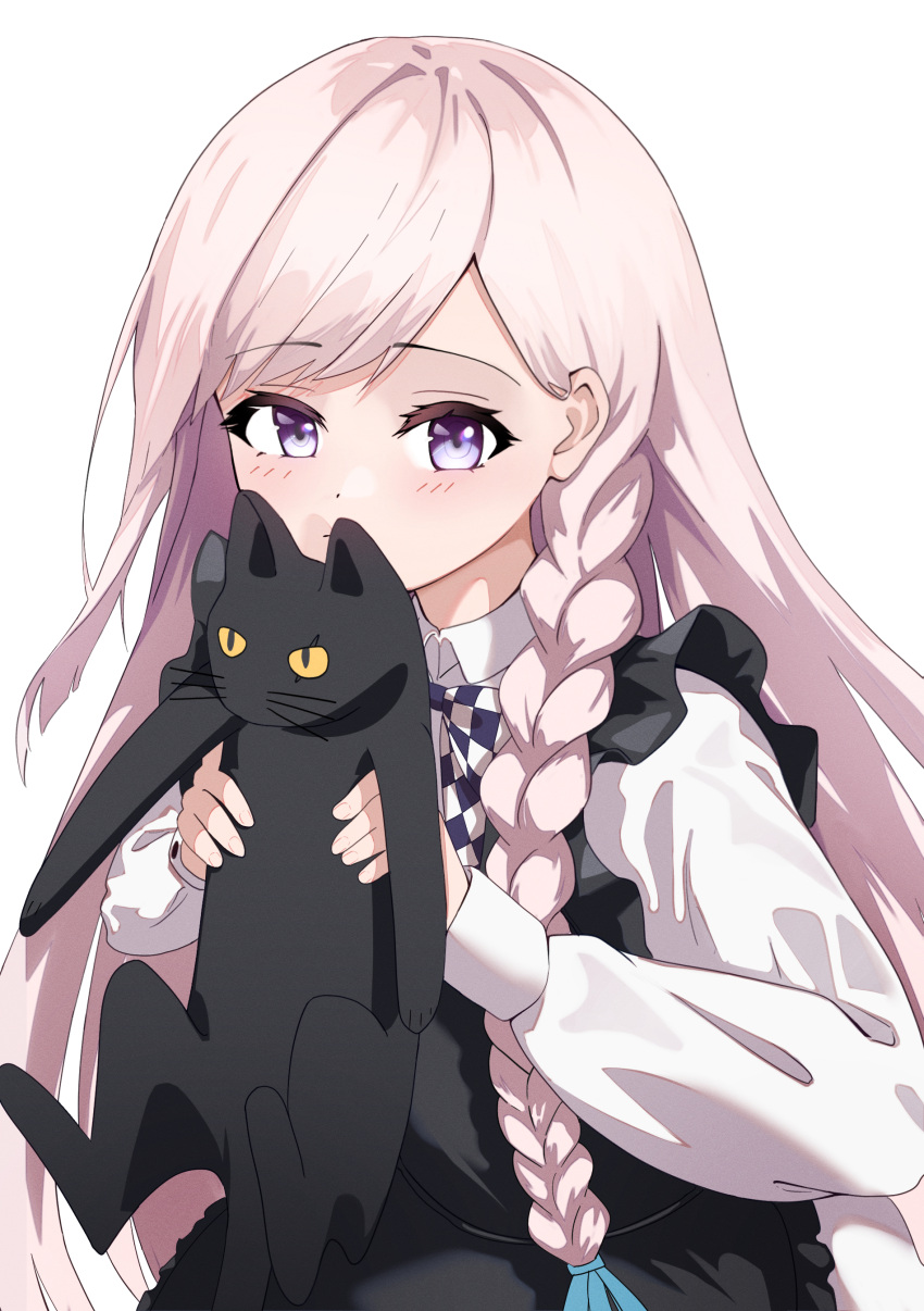 1girl, absurdres, ahrara, animal, black_cat, blush, braid, cat