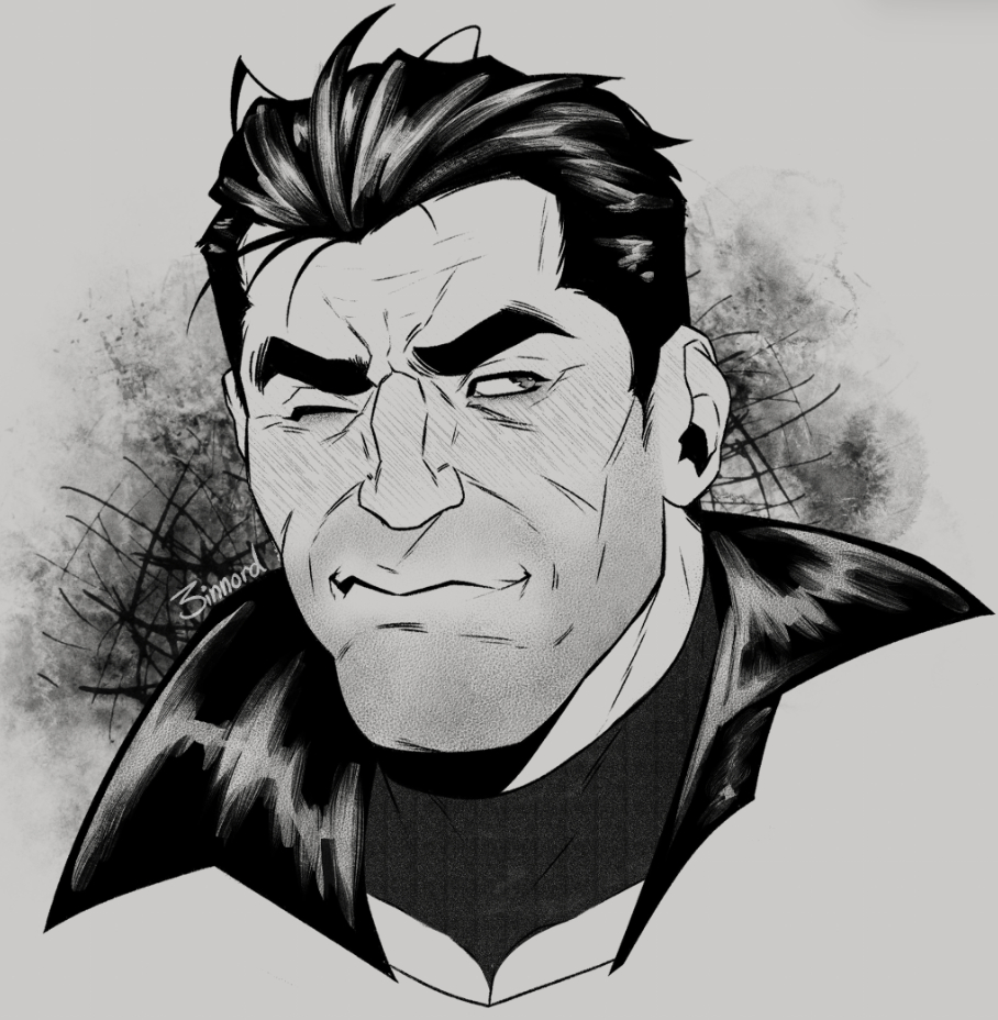 1boy, 3intlar, beard_stubble, black_hair, black_jacket, collar, facial_hair, grey_background, jacket, marvel, mature_male, monochrome, one_eye_closed, signature, stubble, the_punisher_(character), the_punisher_(series), thick_eyebrows