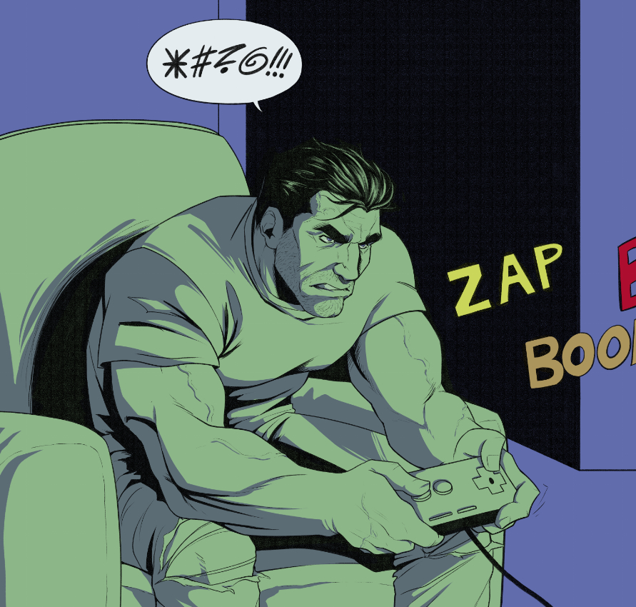 1boy, 3intlar, beard_stubble, black_hair, chair, comic_panel_redraw, controller, derivative_work, facial_hair, game_controller, indoors, marvel, mature_male, muscular, muscular_male, pants, short_sleeves, sitting, sound_effects, stubble, the_punisher_(character), the_punisher_(series), thick_eyebrows, torn_clothes, torn_pants, video_game