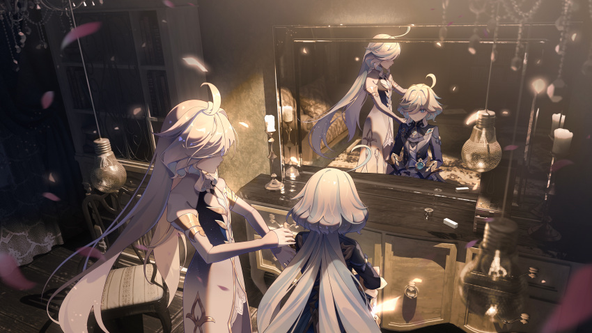 2girls, absurdres, ahoge, ascot, blue_ascot, blue_eyes, blue_hair, blue_jacket