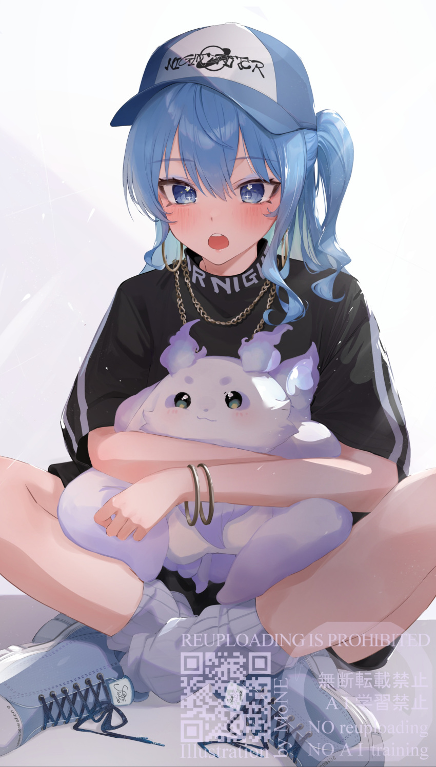 1girl, :o, absurdres, animal, baseball_cap, black_shirt, blue_eyes, blue_hair