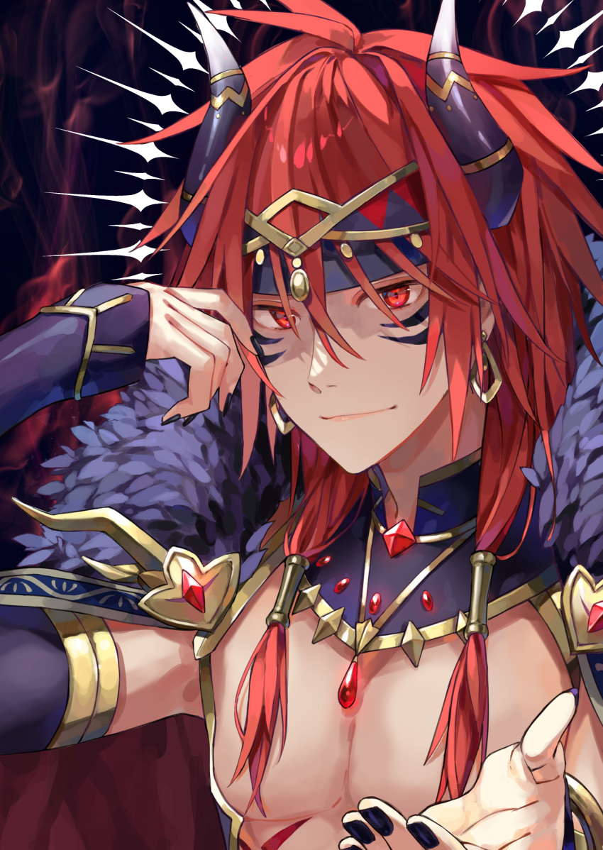 1boy, abs, demon_horns, earrings, facial_mark, fur_trim, guy_crimson, hair_between_eyes