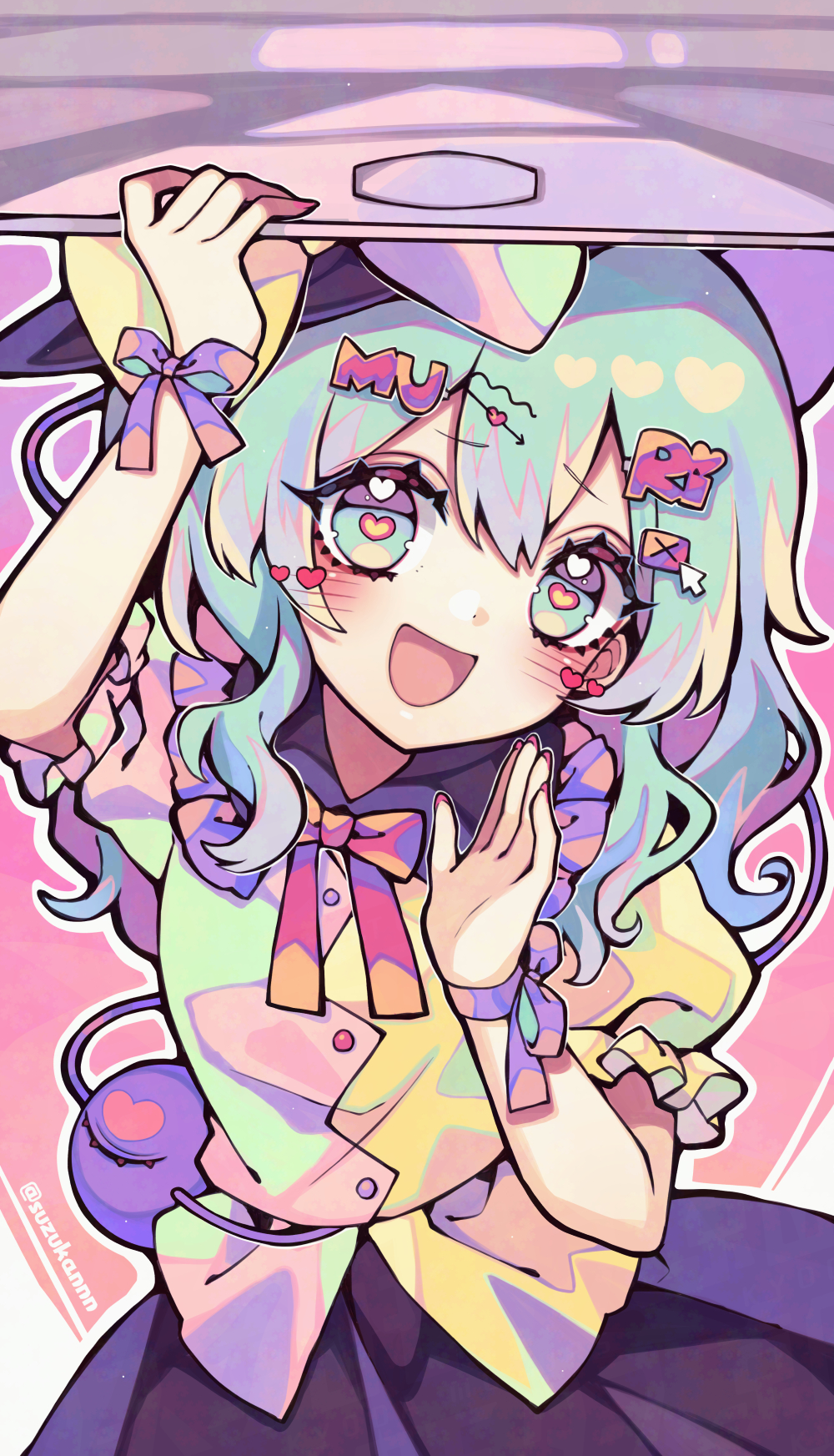 1girl, :d, black_hat, black_skirt, blue_bow, blush, bow, bowtie