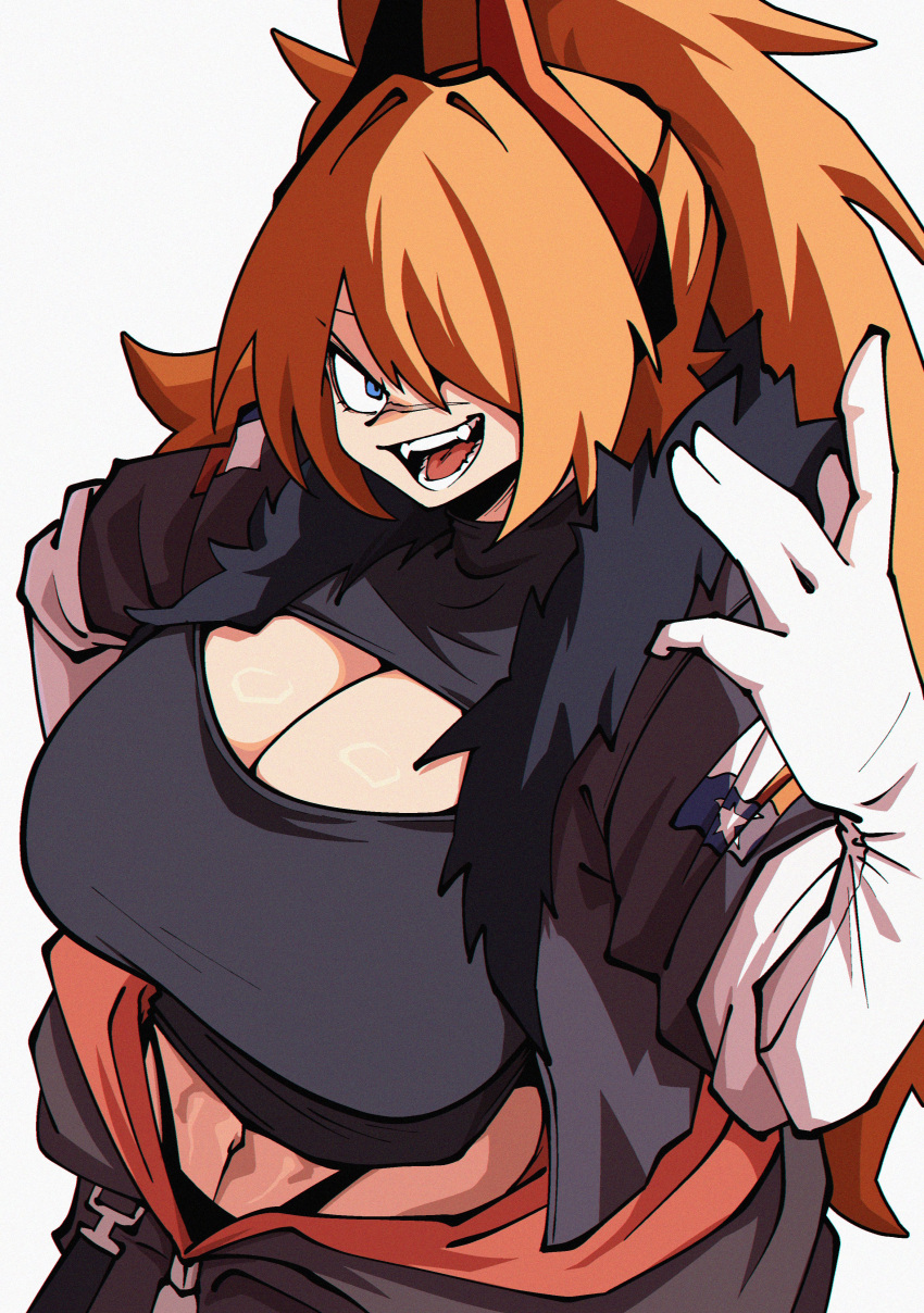 1girl, absurdres, belt, black_tank_top, blue_eyes, breasts, cleavage_cutout, clothing_cutout