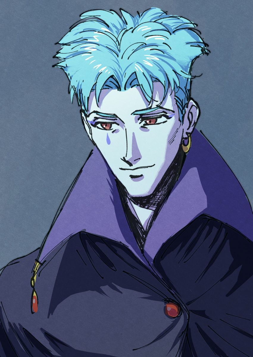 1boy, absurdres, blue_hair, brown_eyes, earrings, folken_fanel, grey_background, highres