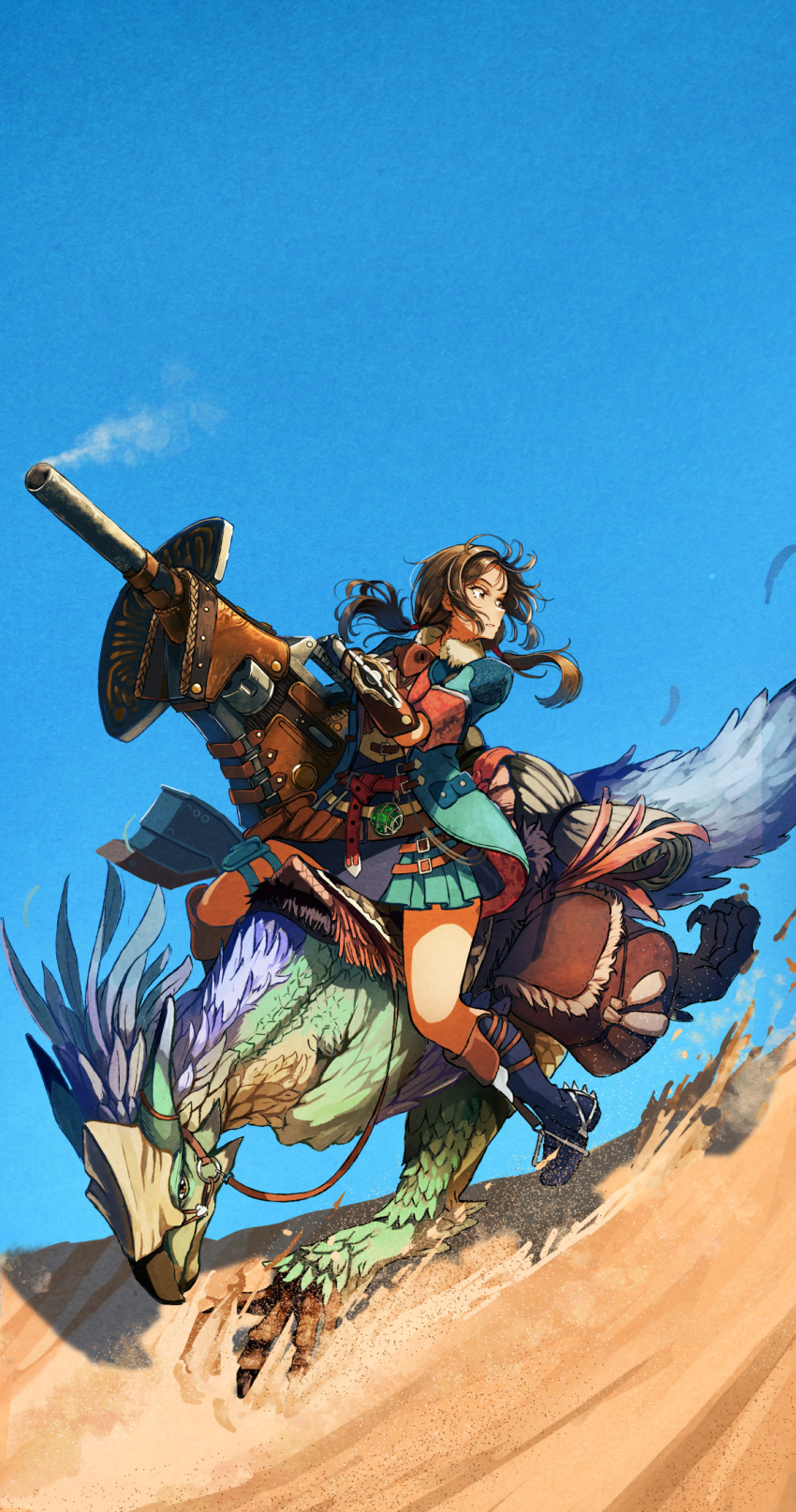 159cm, 1girl, belt, belt_pouch, black_boots, blue_jacket, blue_skirt, blue_sky