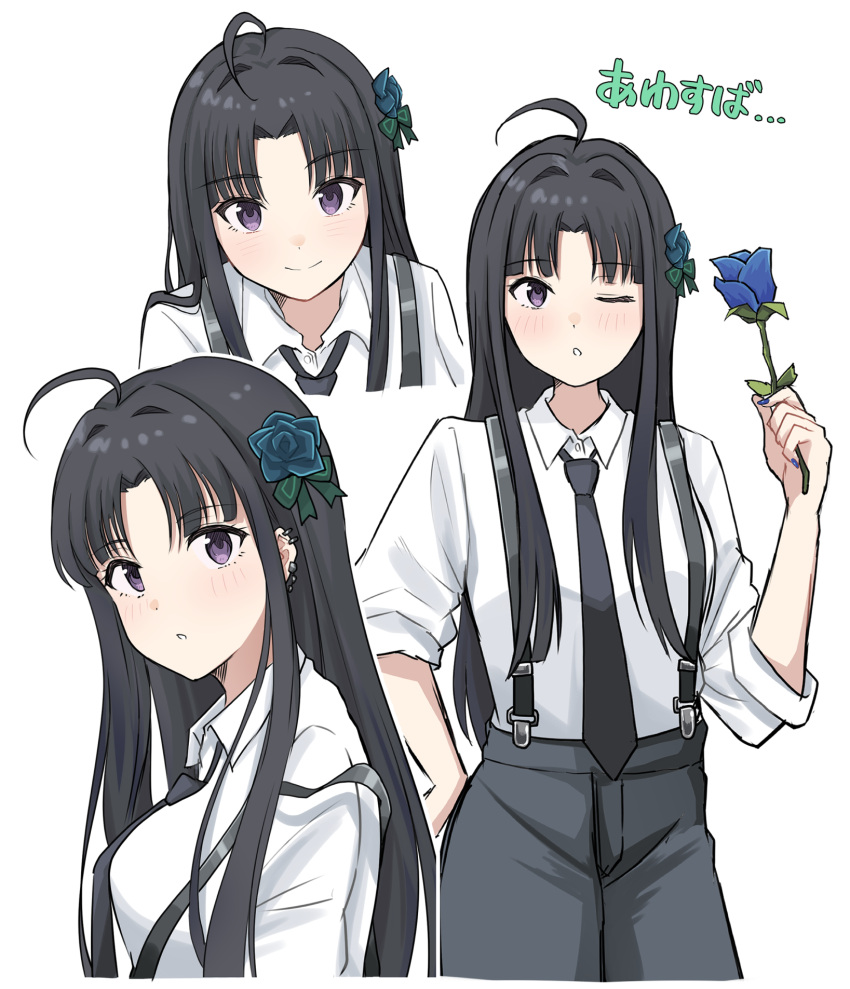 1girl, ahoge, awa_subaru, black_hair, black_necktie, black_pants, blue_flower, blue_rose