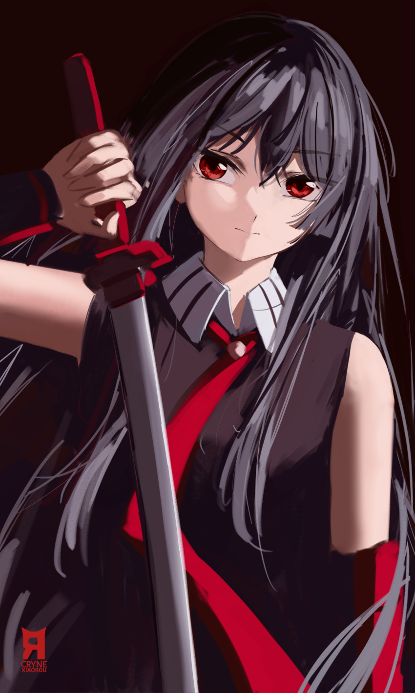 1girl, absurdres, akame_(akame_ga_kill!), akame_ga_kill!, artist_logo, artist_name, black_hair, black_shirt